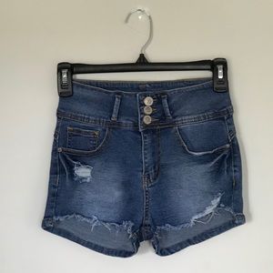 Medium blue wash high-rise jean shorts